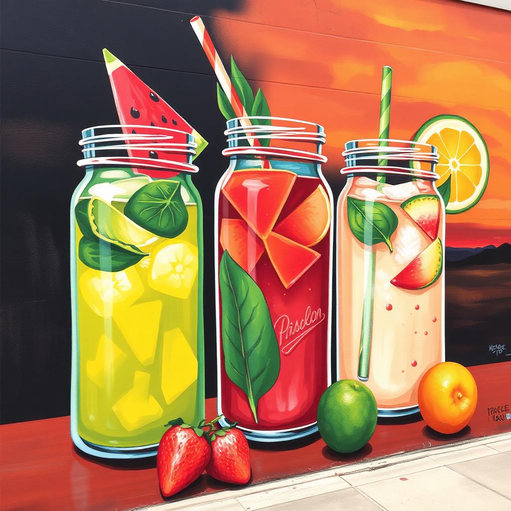 Mural painting of three aguas frescas in mason jars