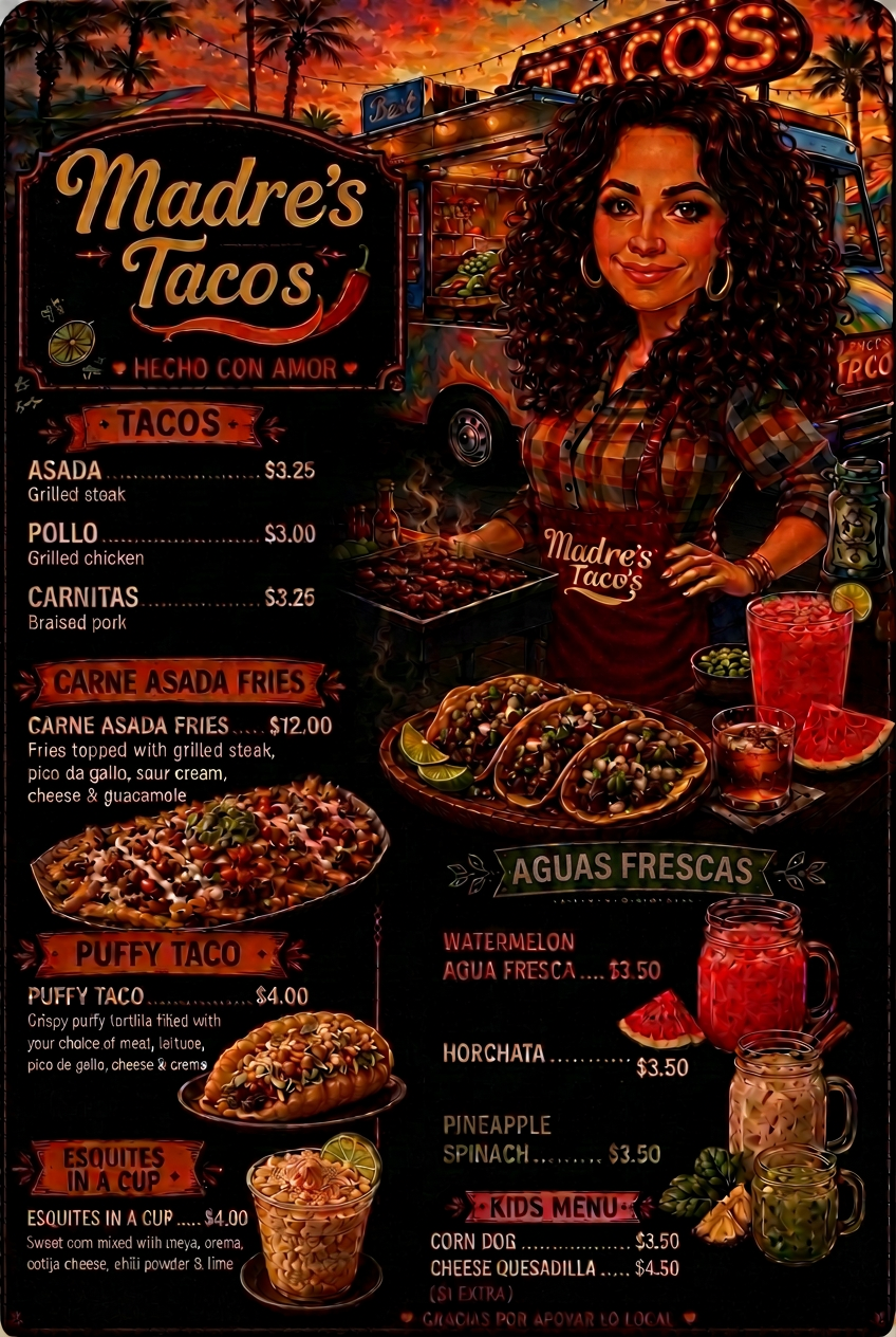 Madre's Tacos full hand-painted menu poster